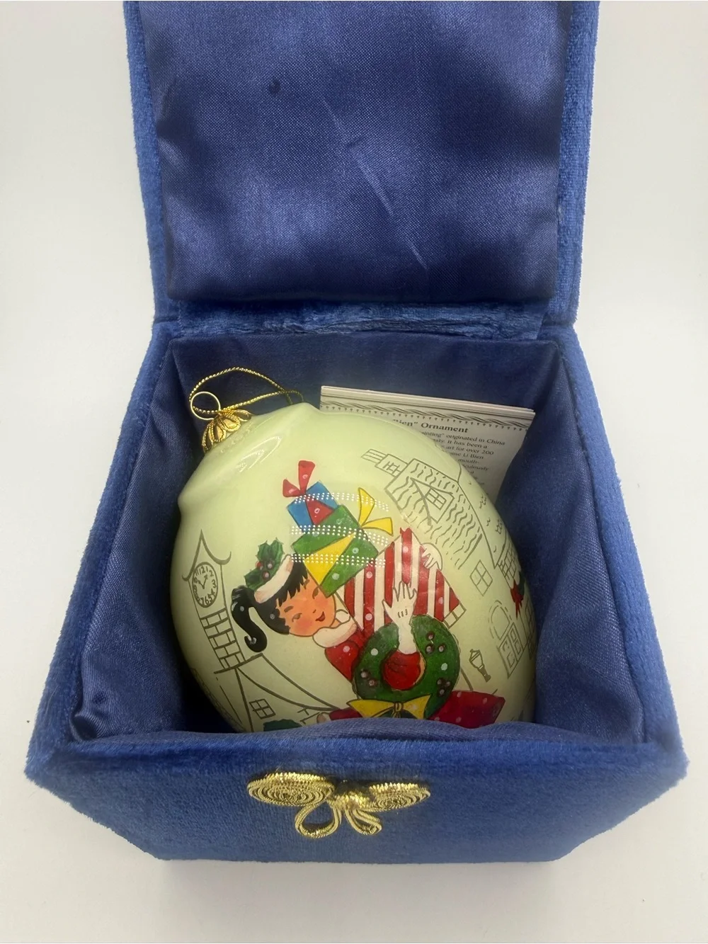 2013 Pier 1 Li Bien Holiday Shopper Reverse Hand Painted Teardrop Ornament w Box
